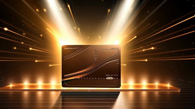 Golden credit card, debit or bonus card on the scene. concept of consumer on daark background. Gift for holiday birthday, light line