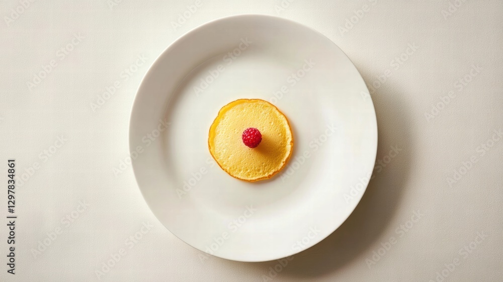 Poster elegant dessert showcasing a single raspberry on a delicate round treat served on a white plate. gen