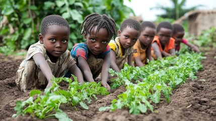 Young African Children Cultivating Crops in a Rural Field