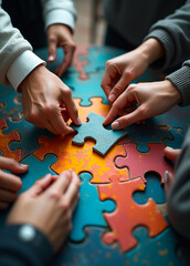 Teamwork of business people working together and combining pieces of a puzzle -Teamwork and Collaboration.