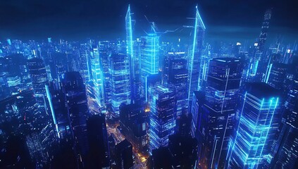 Fototapeta premium Futuristic City Nightscape Glowing Blue Lights