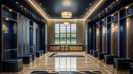 spacious football locker room featuring modern design elements, wooden flooring, and ample seating. blue and gold color scheme creates vibrant