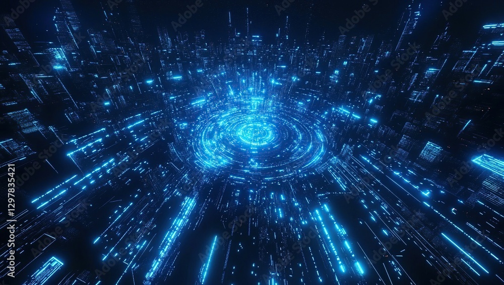 Poster abstract blue digital data background with glowing lines and particles