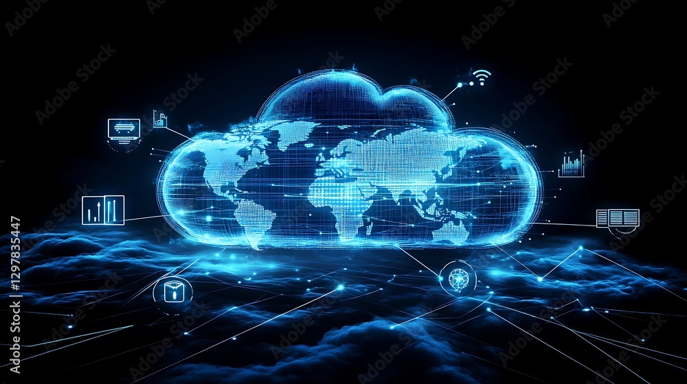 Poster global cloud computing and connectivity, a digital representation of a cloud overlaid with a world m