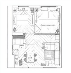Small apartment floor plan, modern design, interior sketch, plant accents