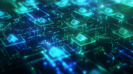 Obraz premium glowing blue and green digital network, real estate concept with holographic house icons