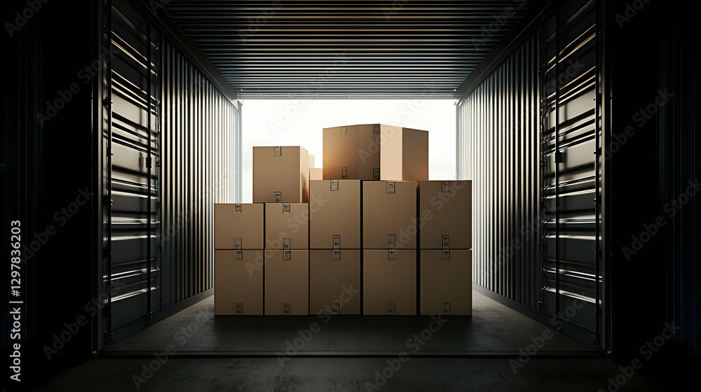 Poster stacked cardboard boxes inside shipping container with bright light at the end