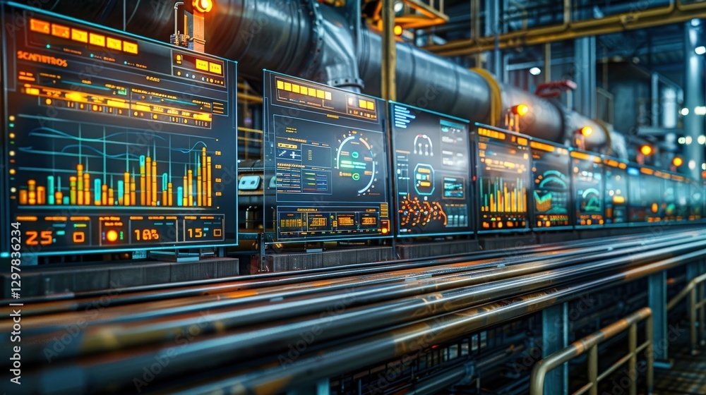 Poster futuristic industrial control room with multiple large screens displaying real-time data, graphs, an