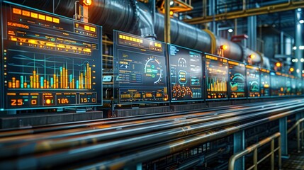 Futuristic industrial control room with multiple large screens displaying real-time data, graphs, and system monitoring.  High-tech manufacturing facility.