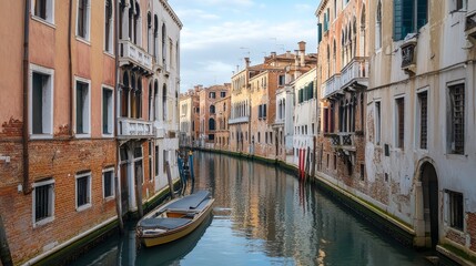 Obraz premium Quiet Venetian canal with classic buildings on both sides. No boats or people are visible.