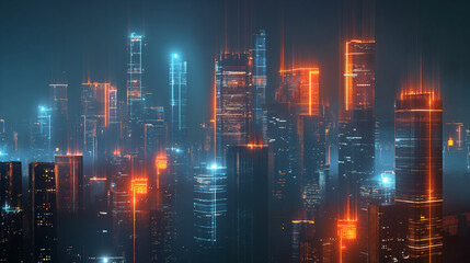 Obraz premium glowing city skyline at night, neon lights reflecting on glass buildings