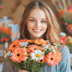 Naklejka premium Happy woman with flowers, smiling brightly in floral setting