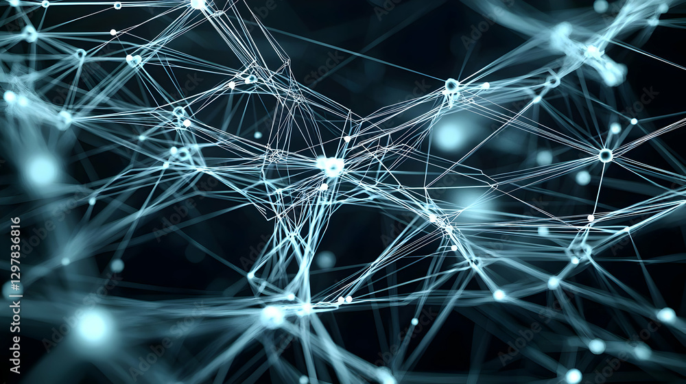 Poster abstract network of connected lines and dots in blue against a dark background