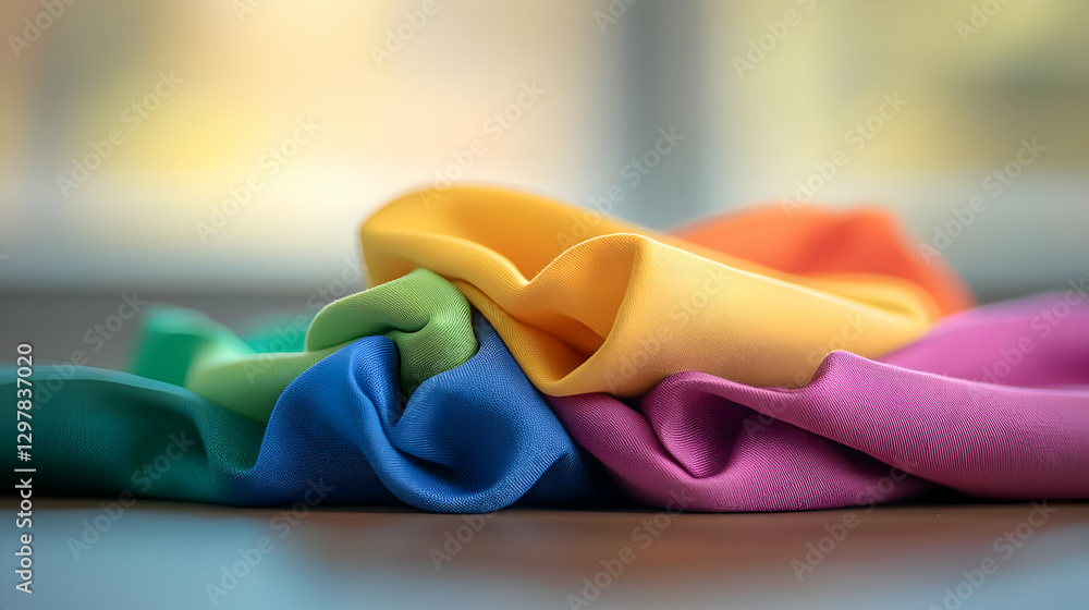Poster close up view of a pile of multicolored soft fabrics with blurred background