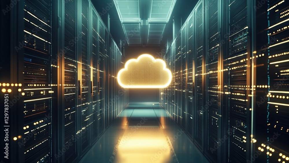 Poster glowing cloud symbol in a modern data center