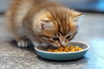 Tiny Cute Kitten Enjoying a Meal: Adorable Moment of a Playful Kitten Eating Food with Joy and Curiosity in a Cozy Environment