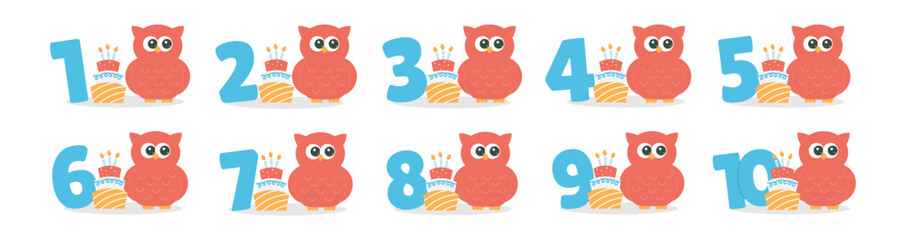 Numbers, cute owl character, cake vector set. Beautiful elements for Kids Birthday Party invitation, greeting card, poster, event, prints and cake toppers design