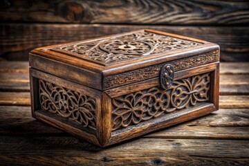 Intricately Carved Wooden Box, a Treasure Chest of Timeless Elegance, Rests on a Rustic Wooden Surface