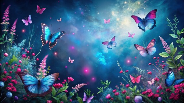 Enchanted Meadow at Night  Vibrant Butterflies Dance Among Blooming Flowers Under a Starry Sky