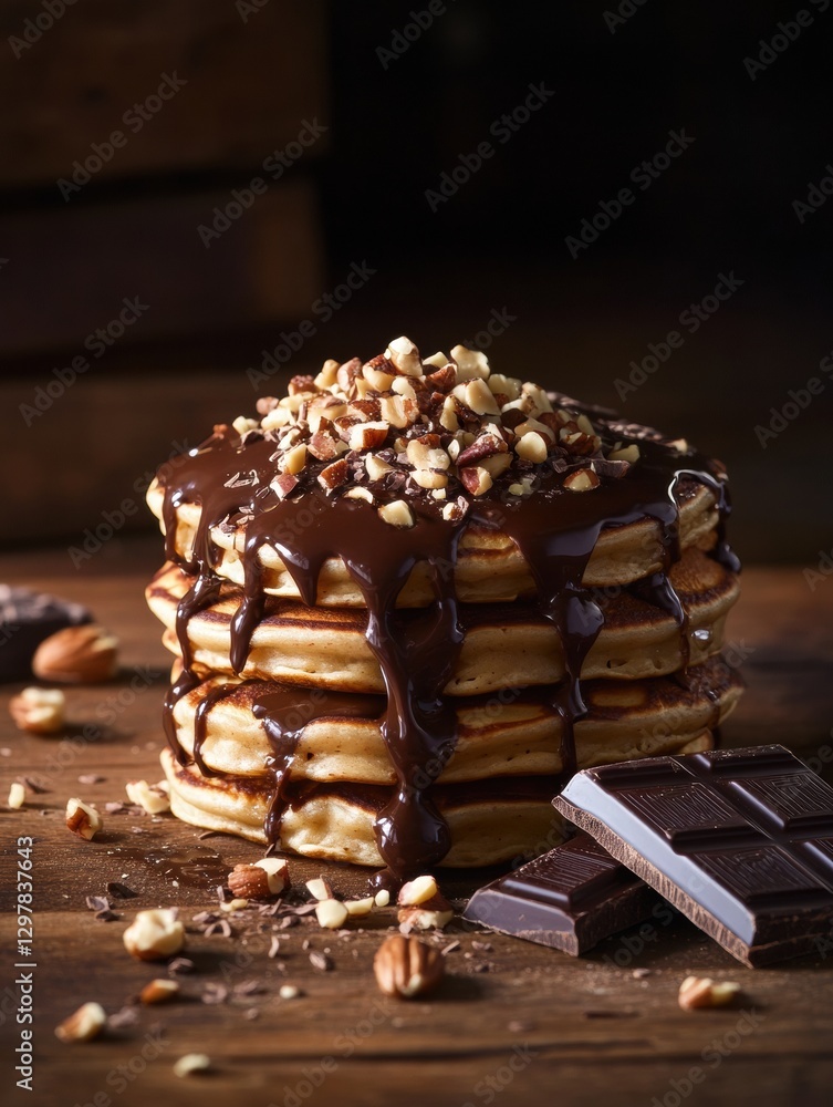 Poster delicious stack of thick pancakes topped with chocolate sauce and nuts served on a wooden table. gen