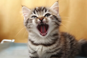 Tiny and cute kitten hissing in a playful or defensive pose, showcasing adorable features and expressions in a close-up image