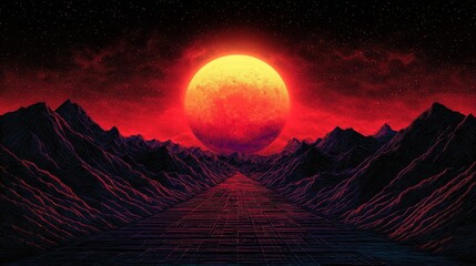 Retro Pixelated Landscape Sunset Over Mountains with Starry Night Sky a Nostalgic 8-Bit Vibe and Synthwave Aesthetic