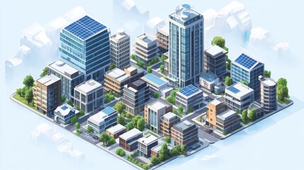 Modern buildings and a skyscraper with solar panels make up an urban scene. This illustration is a 3D dimetric isometric view of a town with office buildings, apartments, and houses.