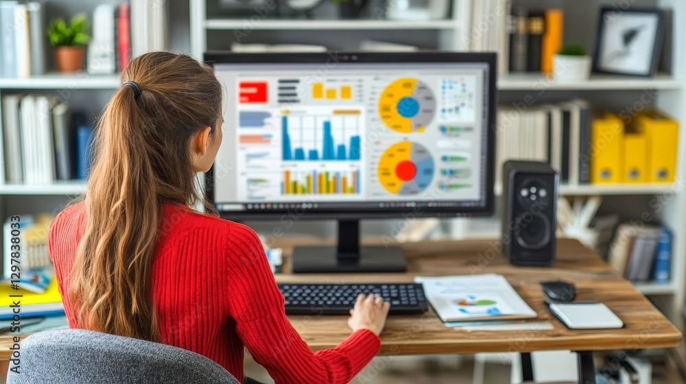 Poster woman analyzing data charts and graphs on computer screen for business insights and strategic decisi