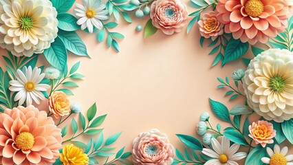 Fototapeta premium Elegant floral border design with pastel blossoms and teal foliage, perfect for invitations or announcements.