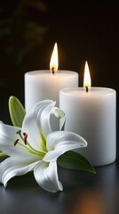 Two lit white candles on a black surface.