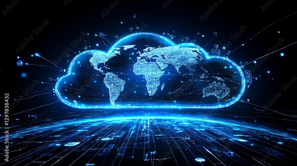 Poster global cloud computing and connectivity, a digital representation of a cloud overlaid with a world m
