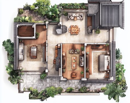 Asian-style house floor plan with garden view