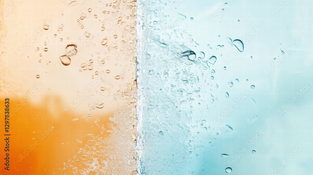 Poster water splashes create vibrant color contrast with orange and blue backgrounds in a refreshing displa
