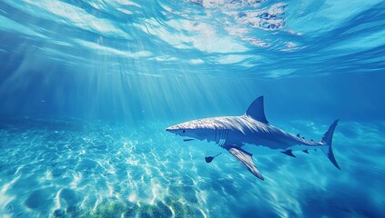 Fototapeta premium Underwater Shot Of A Shark Swimming In Crystal Clear Blue Ocean Water