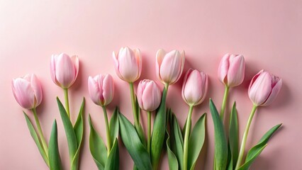 Fototapeta premium A Delicate Arrangement of Pale Pink Tulips on a Soft Pink Background