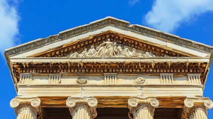 Fototapeta premium Ornate triangular decorations adorned the tops of ancient Greek and Roman temples. These pediments featured columns and were often adorned with sculptures.