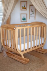 Wooden Rocking Crib in a Neutral Nursery Setting