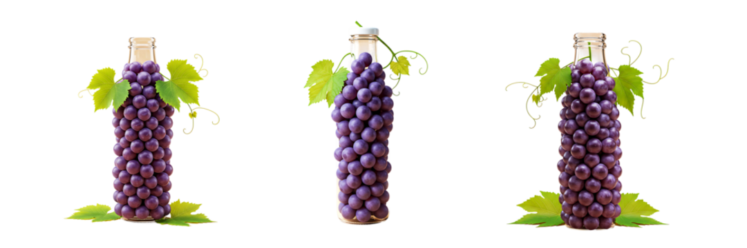 Wine Bottle Covered in Fresh Grapes with Green Leaves

