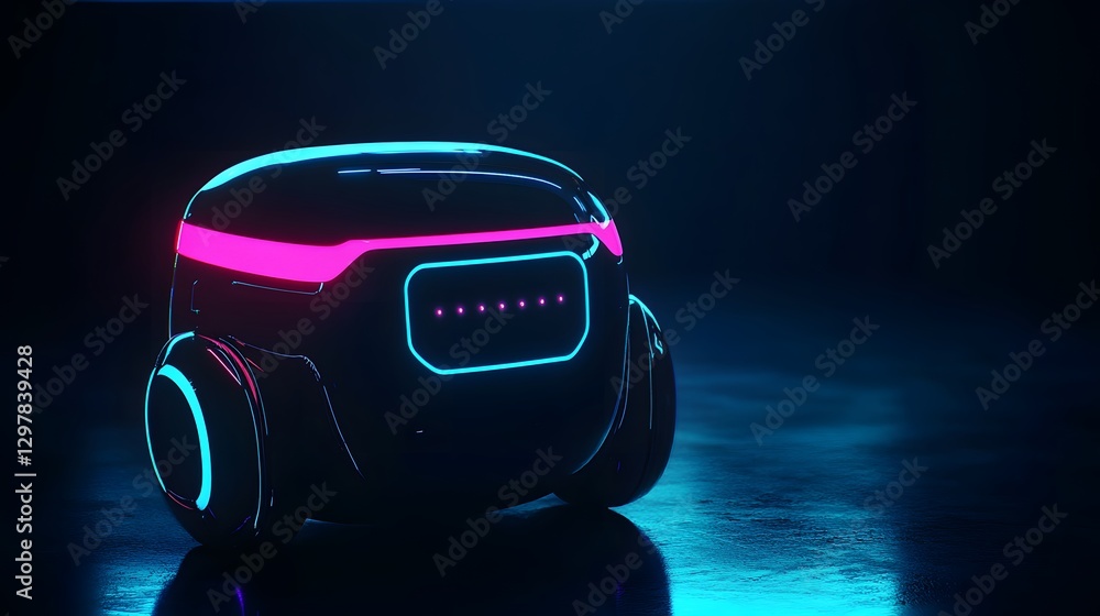 Poster futuristic robot in ambient lighting: a sleek, neon-lit robot showcases its advanced design within a