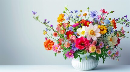 A vibrant guldasta (flower vase) filled with a variety of colorful fresh flowers, placed on a white background, capturing the delicate petals and intricate details in high definition.