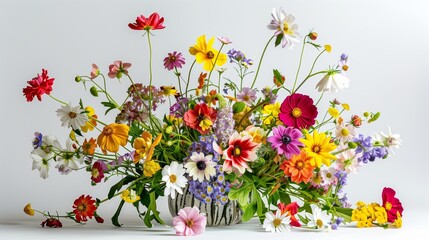 A vibrant guldasta (flower vase) filled with a variety of colorful fresh flowers, placed on a white background, capturing the delicate petals and intricate details in high definition.