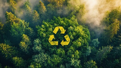 Recycling Symbol in Lush Green Forest with Morning Mist