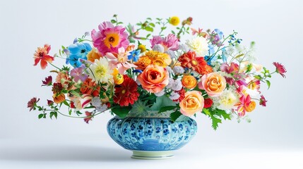 A vibrant guldasta (flower vase) filled with a variety of colorful fresh flowers, placed on a white background, capturing the delicate petals and intricate details in high definition.