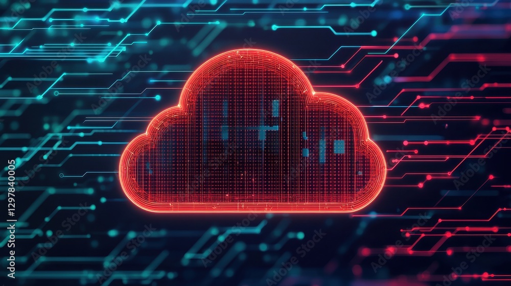 Poster digital cloud icon with circuit lines abstract design in red and blue colors on dark background