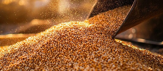 Agricultural workers loading wheat grains into storage at a harvest site.