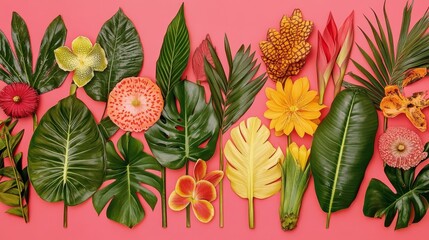 Exotic floral arrangement against vibrant backdrop creating a striking tropical botanical display and summer vibe for creative projects