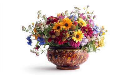 A vibrant guldasta (flower vase) filled with a variety of colorful fresh flowers, placed on a white background, capturing the delicate petals and intricate details in high definition.