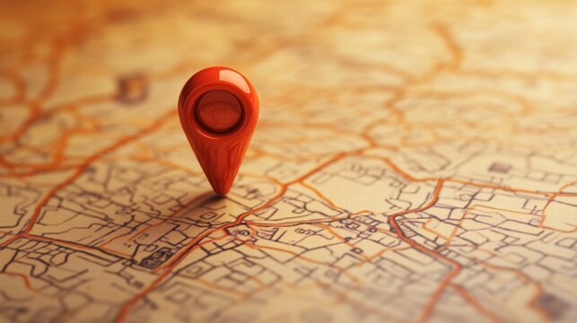 Red navigation pin on a map with orange background.