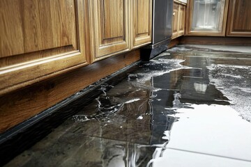 Water damage in the kitchen from a leaking pipe.