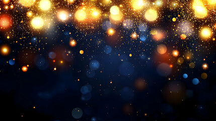 Abstract Bokeh Lights Glittering Golden And Blue Particles Against A Dark Blue Background